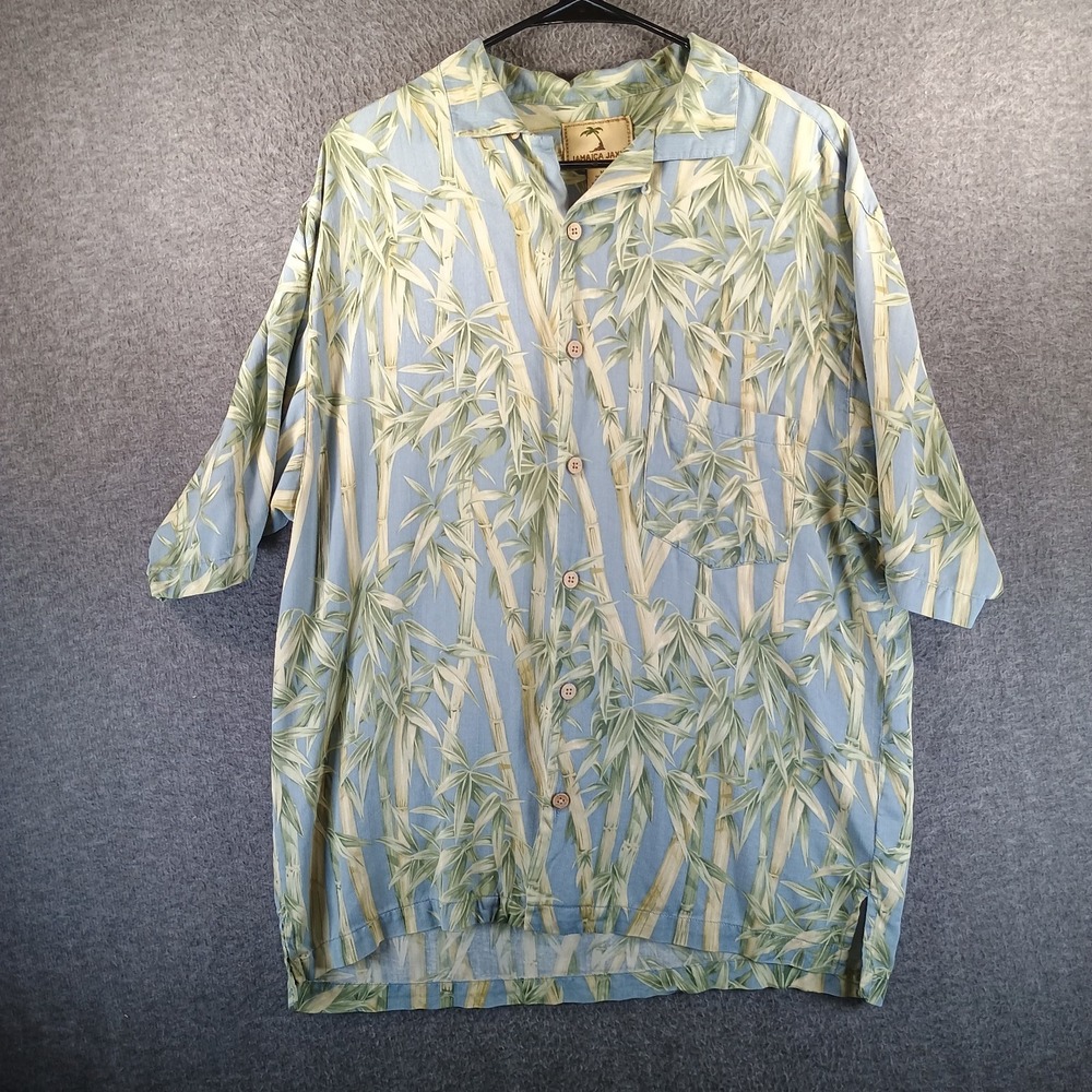 Jamaica Jaxx Hawaiian Shirt Men M Bamboo 100% Silk Pocket Blue All Over Print